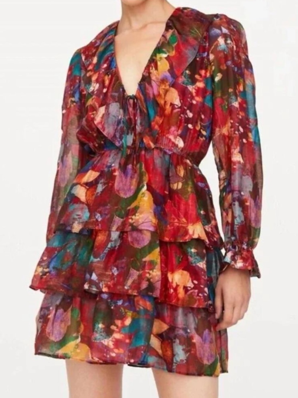 Marie Oliver Una New w/ tag Multicolor Abstract Ruffle Tiered Long Sleeve Dress